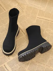 New Women's Knit Elastic Short Boots, Thick Sole British Style Chelsea Boots, Retro Slimming Sock Boots, Autumn Winter New Arrival