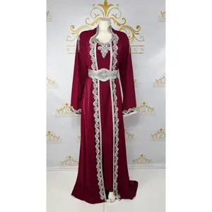 Elegant Abaya Kaftan Dress Set 3 Pcs. Maroon & Silver