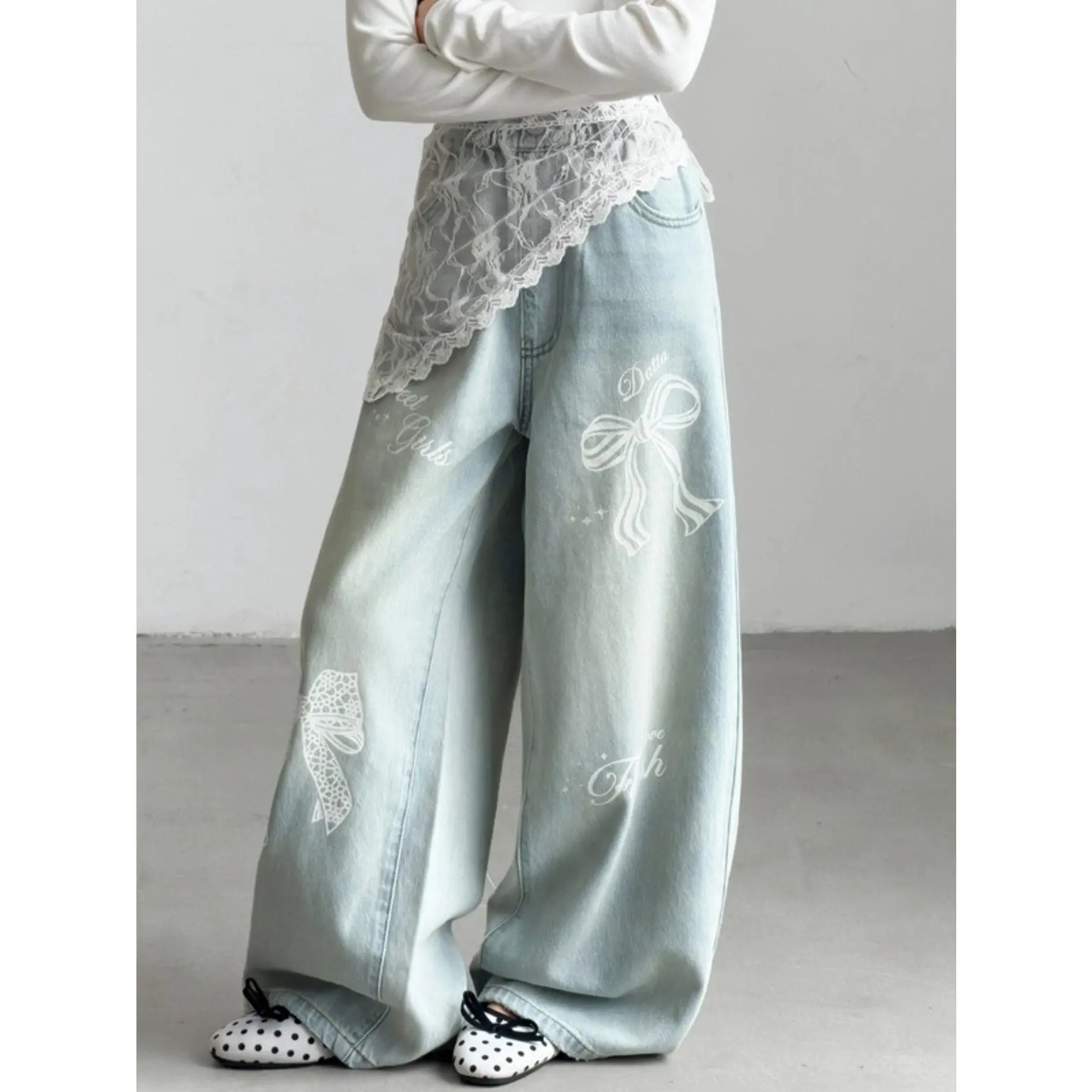 Spring Denim Wide-Leg Pants for Girls, Stylish Children's Pants with Lace and Ruffle Hem, Casual Pants for Older Girls