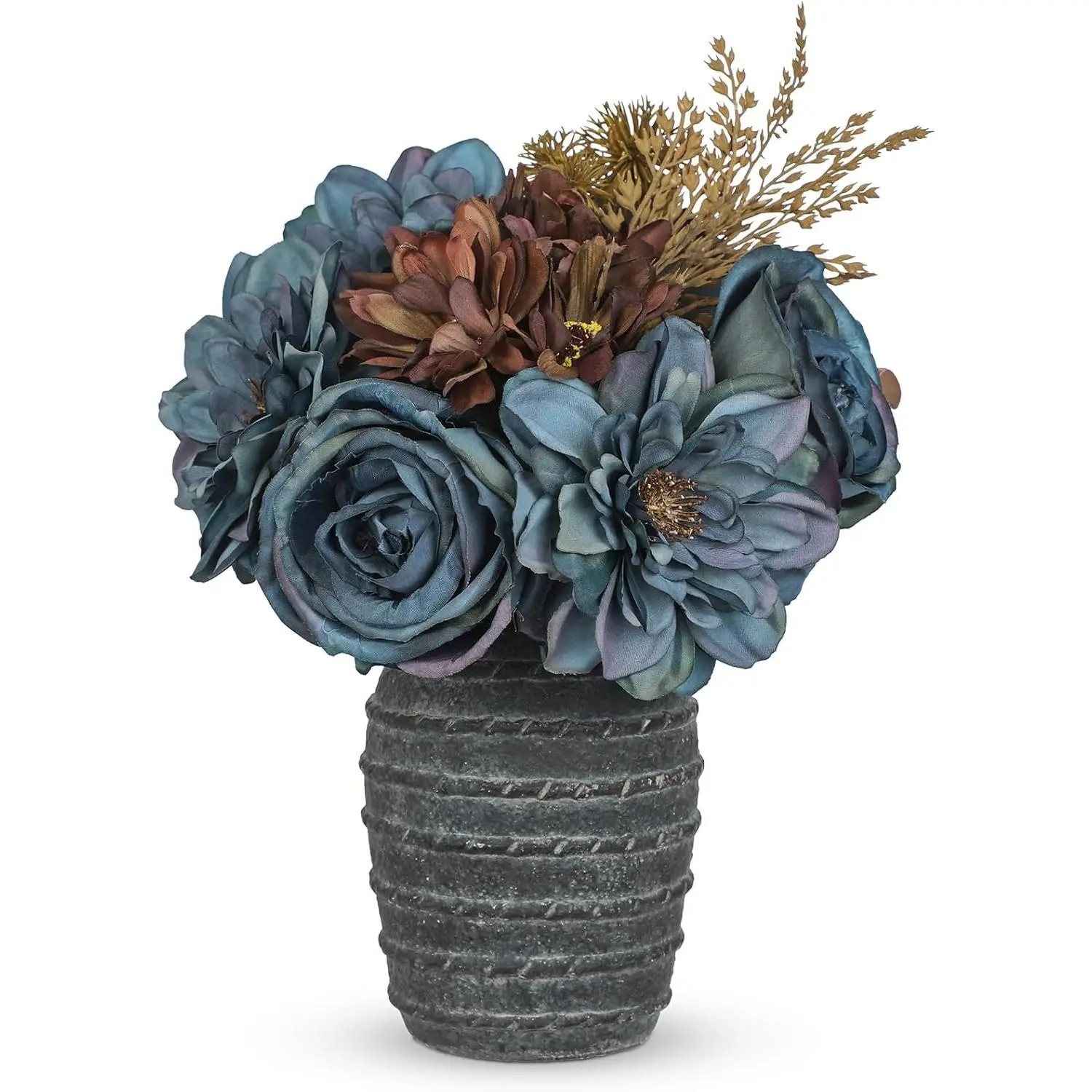 Bouquet-Shape Decorative Silk Rose & Dahlia Artificial Flower Arrangement in Vase - Farmhouse Look Rustic Fall Table Centerpiece, Home Decor for Thanksgiving, Office Accent