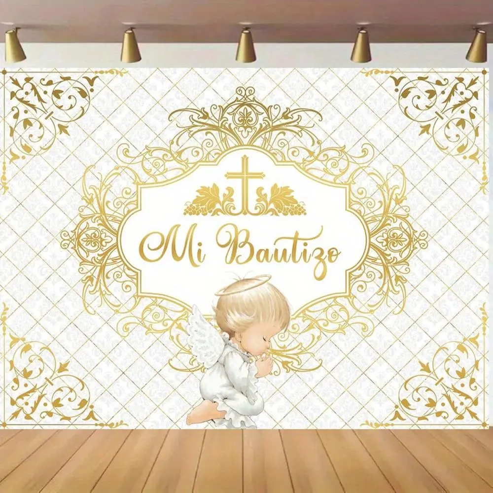 1pc Polyester 2D Flat Religious Ornament - Elegant Golden Print Angel Motif, Cross Design, Summervibes Decoration for Baptismal Ceremonies, Portrait Photography Backdrops,summerwins