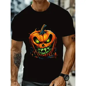 New Summer T-Shirt for Men Featuring Vibrant Pumpkin Head Design with Intense Expression Perfect for Halloween Fashion Round Neck Short Sleeve Tee
