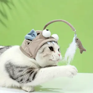 Self Entertainment Cat Toy Headband Style Teaser Wand, Long Rod Design Bite Resistant Faux Feather Interactive Kitten Play Supplies