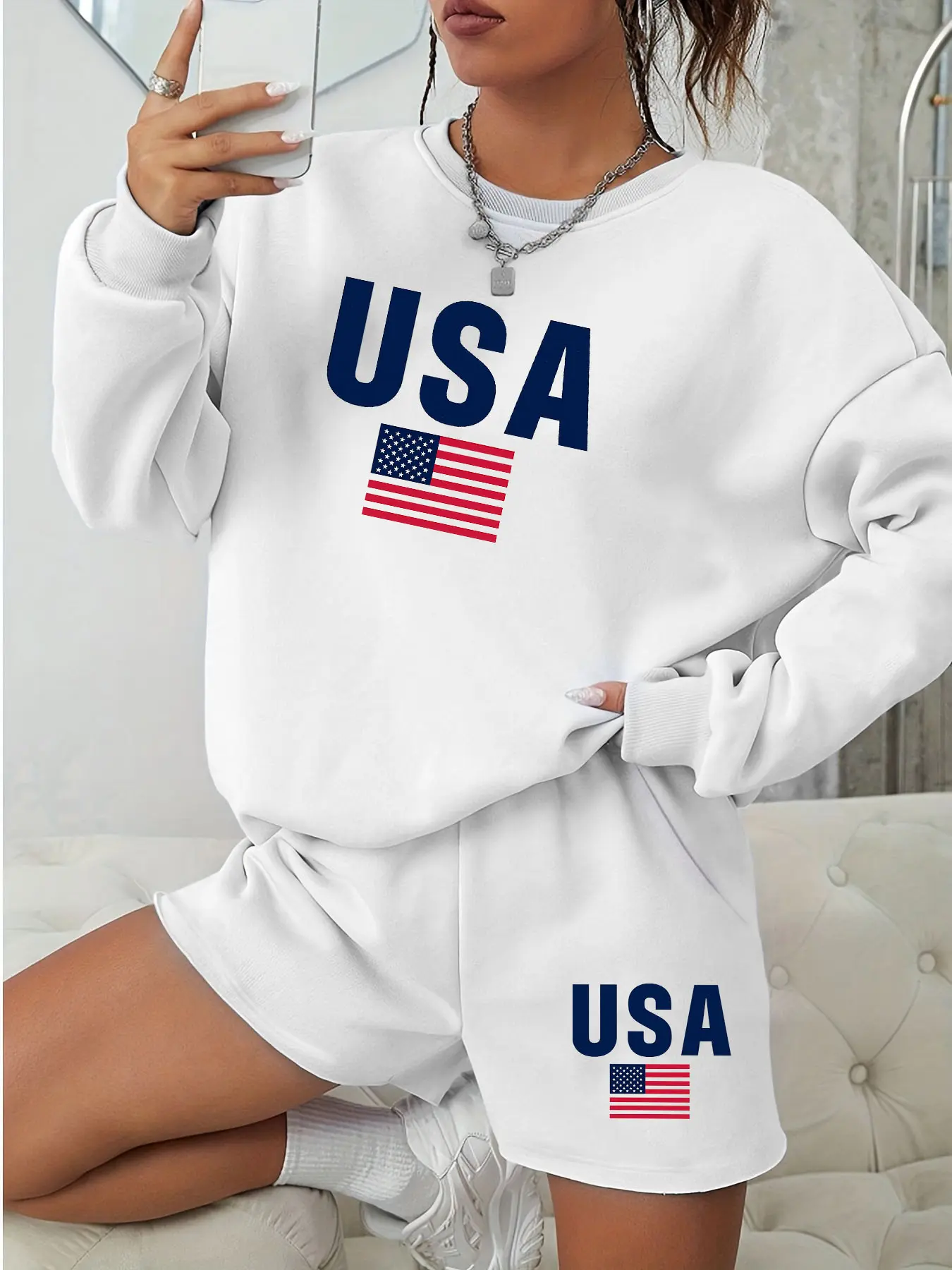 Women's USA American Flag 2-Piece Set - Sweatshirt & Shorts Matching Patriotic Print Casual Fitted White Loungewear Outfit Top Clothes
