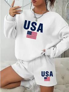 Women's USA American Flag 2-Piece Set - Sweatshirt & Shorts Matching Patriotic Print Casual Fitted White Loungewear Outfit