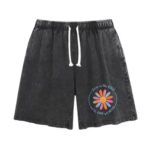 Holafish Unisex Flower Print Casual Shorts, Acid Wash Soft Comfortable Cotton Blend Bottoms for Travel, Streetwear and Daily Outfits summervibes