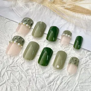 24pcs Spring Bud Green Press On Nails Pearl & Rhinestone Accent Medium Square European Style Removable Fake Nail Tips