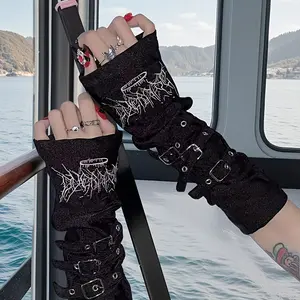 1 Pair of New Embroidered Dark Metal Buckle Sleeve Black Half-Finger Gloves Y2K Punk Hot Sunscreen Sleeves Ins Embroidered Arm Sleeves Sunscreen Yabi Gloves Trendy Punk Anime Gloves outdoorfun
