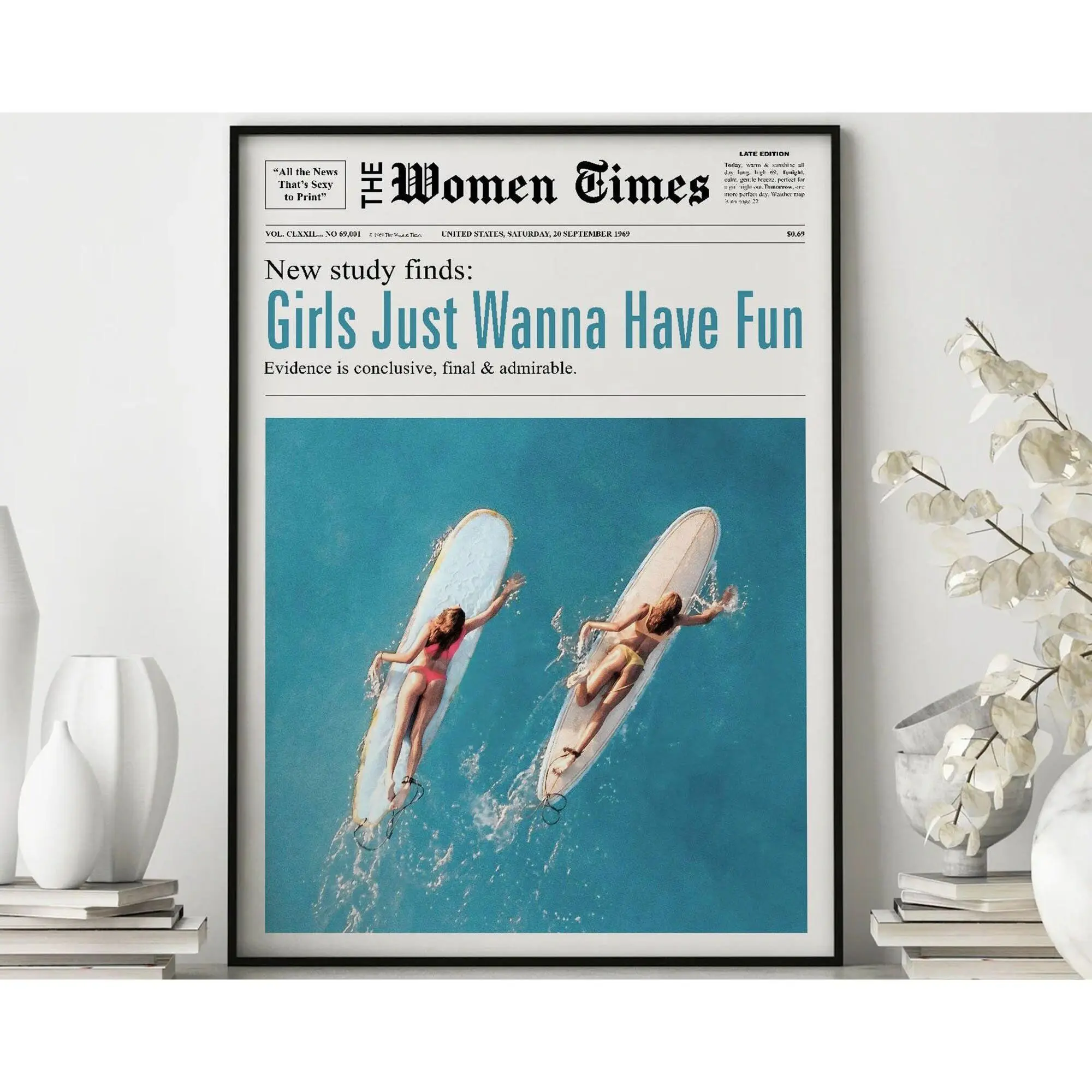 Girls Just Wanna Have Fun, Newspaper Print, Girl Dorm Room , Girls Having Fun Print, Beach Girls Print, Bar Cart Art, Trendy Print