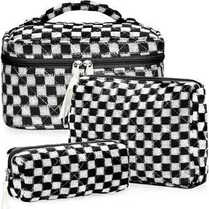 Makeup Bag Set, 3Pcs Large Checkered Corduroy Cosmetic Bags, Cute Coquette Makeup Bag Toiletry Zipper Pouch Bag for Women and Girls Checkered