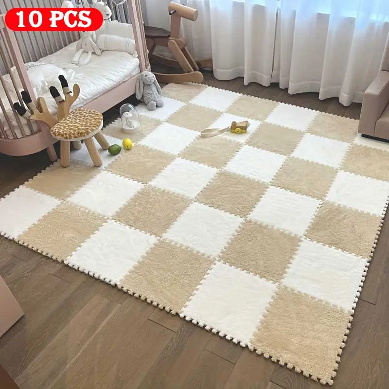 Plush Foam Interlocking Rug, 10pcs/set Square Soft Non-slip Puzzle Cool Bedroom Area Rug, Creative Playmat for Living Room Floor, Rug for Bedroom, Hom