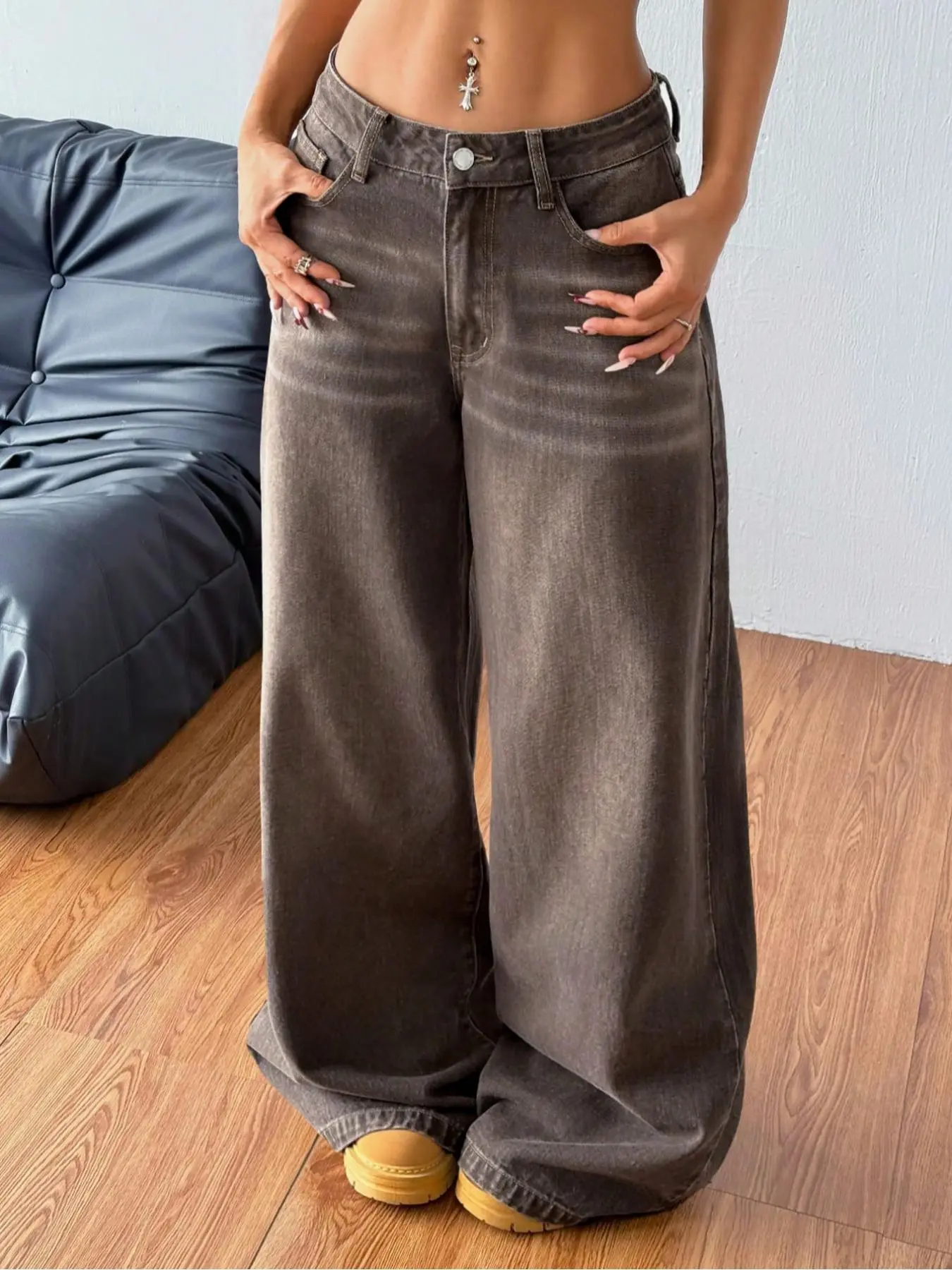 Women's Pocket Washed Wide Leg Loose Baggy Jeans, Casual Comfy Soft Denim Trousers for Daily Wear, Ladies Bottoms for Summer Pants