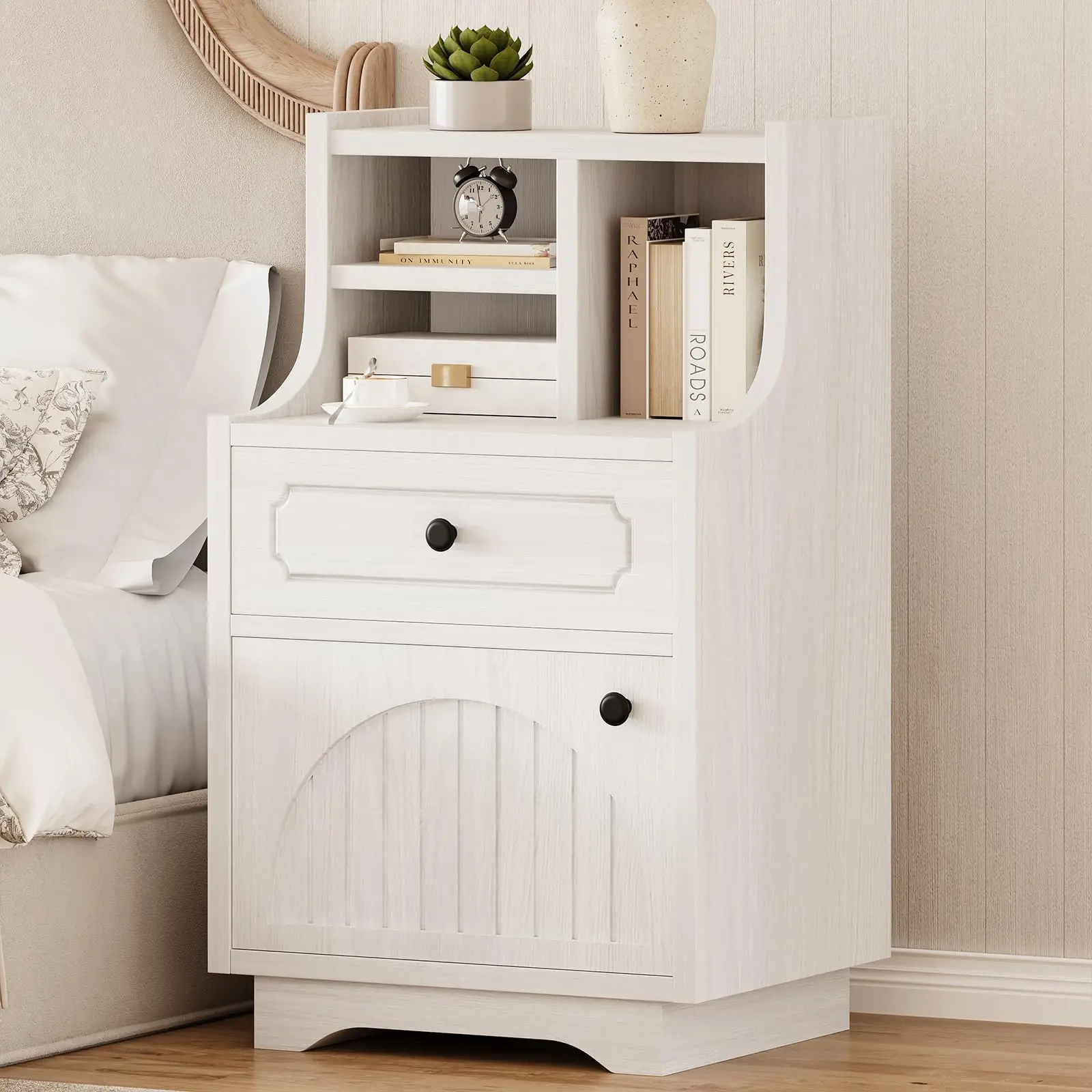 [SummerSale] HOMBCK Farmhouse Nightstand with Hutch, White Nightstand with Storage, Bedside Table End Table with Drawer for Bedroom#home essentials#back to school