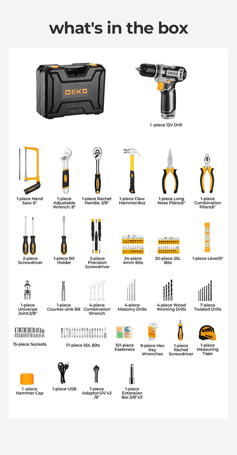 DEKO Home Mechanic Toolbox with 12V Power Cordless Drill Hand Repair Tools Sets Combo Kits Storage Organizer Drawer Case for Men