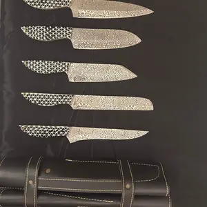 5-piece 440C Stainless Steel Chef set with marble handle | full tang knives | leather bag | brass pins