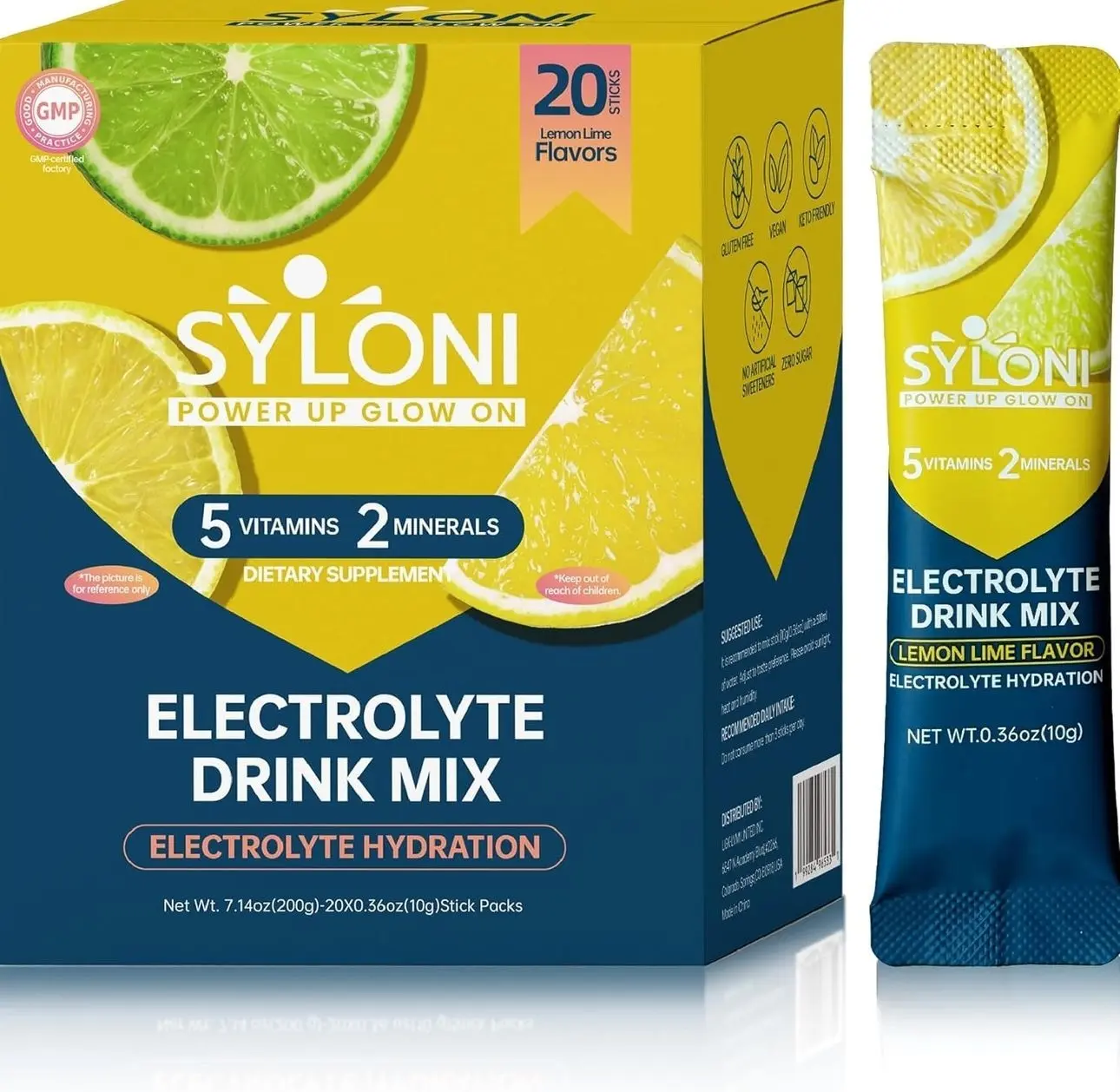Electrolytes Powder Packets, Lemon Lime（20 Sticks, Sugar Free Hydration Packets Electrolyte Drink Mix with 7 Vitamins and Electrolytes, Keto Friendly, Vegan, Gluten Free