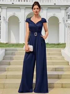 MIUSOL 55949A Floral Lace V-Neck Belt Decoration Wide Leg Jumpsuit Elegant Women Dinners Outfits,Work Women Clothes