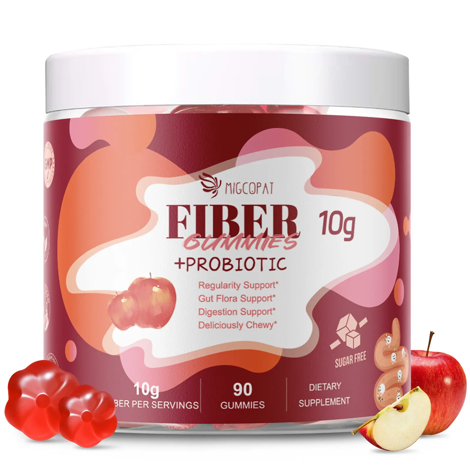 migcopat Chewable Gut Health Supplement - Natural High Potency Fiber Gummies with 10G Fiber per Serving, 10 Billion CFU Probiotics Blend, Apple Cider Vinegar, Vitamin C, Inulin, No Sugar Added Apple Flavor, Bloating Support, 90 Count Daily Fiber Probiotic