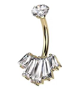 Gold PVD Vane Baguette Clear CZ Belly Button Ring