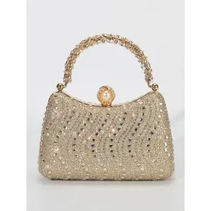 Luxurious Rhinestone Evening Clutch Bag for Women Detachable Chain Shoulder Crossbody Hollowed Handle Pearl Clasp Wedding Party Banquet Easter Graduation Season