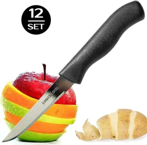 Brenium Paring and Garnishing Knife, 12-Piece Set, Knives with Straight Edge 3 Inch Blade, Stainless Steel, Spear Point, Fruit and Vegetable Cutting and Peeling, Black