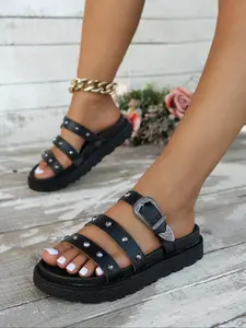 Women's Summer New 2026 Mid-Heel Soft Sole Buckle Rivet Sandals, Fashion Large Size Casual Slip-On Shoes, All Seasons PU Leather