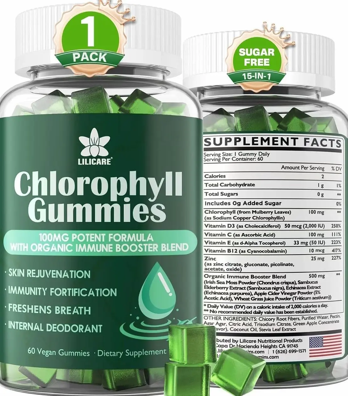 Chlorophyll Gummies - Super Green with Wheat Grass, Sea Moss, Unfiltered ACV & Elderberry, Echinacea, Zinc Complex & Vitamin D3, C, E, B12 for Natural Deodorant, Immune & Digestion Support, 60 Chews