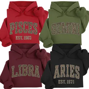 [LEAVE A NOTE OR NOT EST YEAR] Full 12 Minimalist Zodiac Hoodie – Trendy Astrology Sign Pullover with Leopard Print Letters, Optional Custom EST Birth Year, Unisex Horoscope Streetwear Gift for Zodiac Lovers
