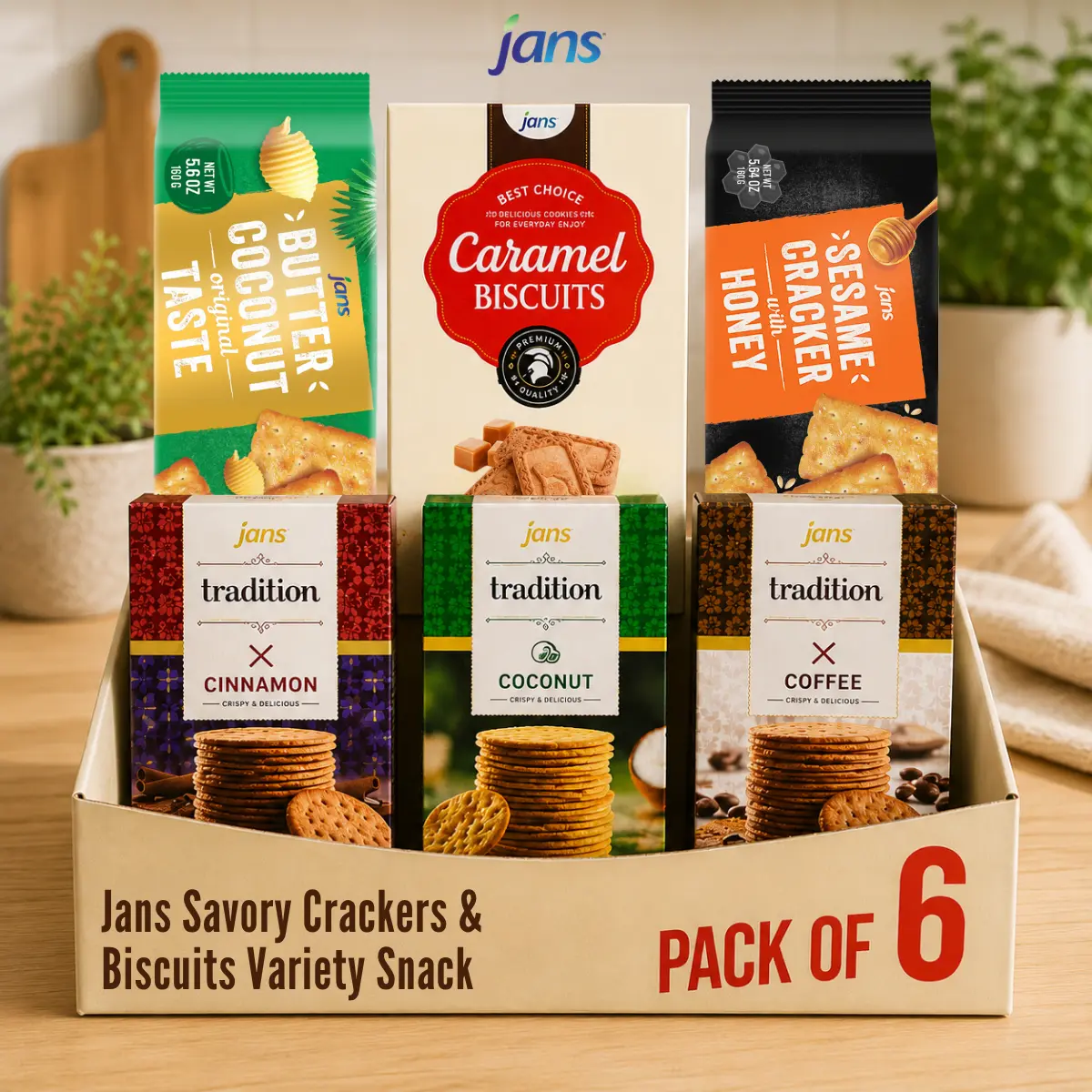 Jans Savory Crackers and Biscuits Variety Snack 6-Pack - Festive Assorted Selection with Coconut Cinnamon Coffee Sesame Cracker Butter Coconut & Speculoos - Perfect for Holidays Gifting & Sharing Cookie
