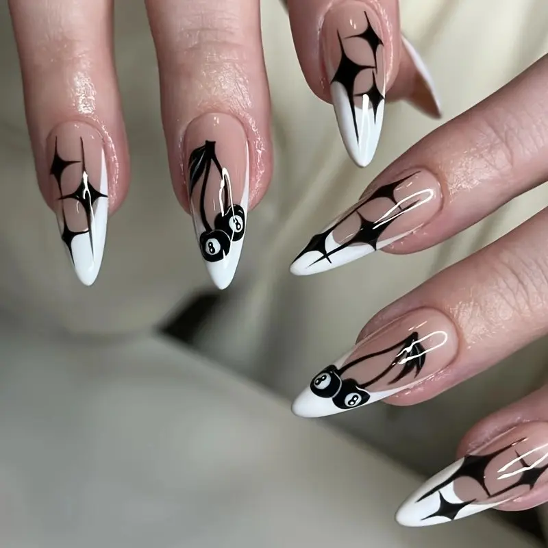 24pcs Wearable Nails, Cool Millennium Cherry Starburst Design, Almond Shape Fake Nails, Multifunctional for Concerts Festivals Street Style, Glossy false nails, Decorative Nails