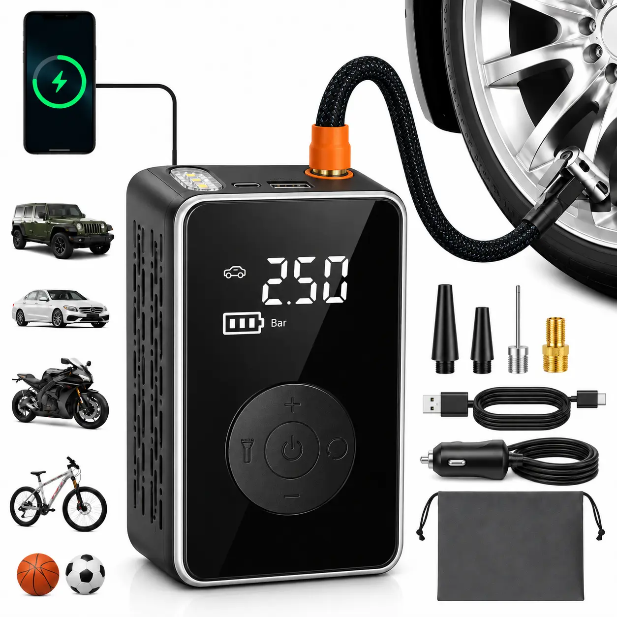 Portable Air Compressor Tire Inflator - Cordless Air Pump with Digital Pressure Gauge, Auto Shutoff Function, Suitable for inflating Balls, Motorcycle, Bicycle and Car Tires