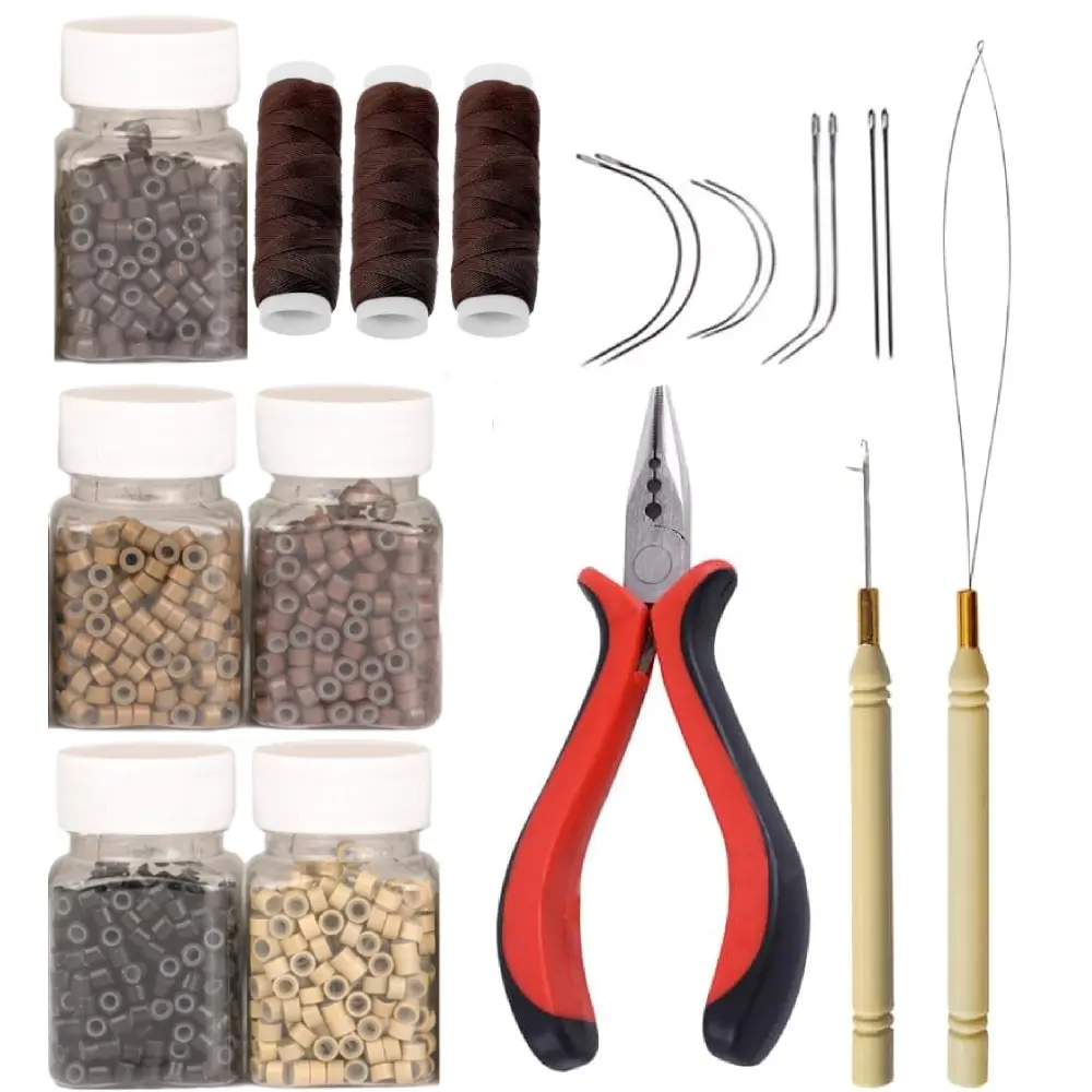 2515 pcs hair extension tool set, including silicone microbeads, hair extensions, curved needles, straight needles, pull rings, pointed nose pliers, suitable for hair salons, DIY hair extension enthusiasts, and stylists