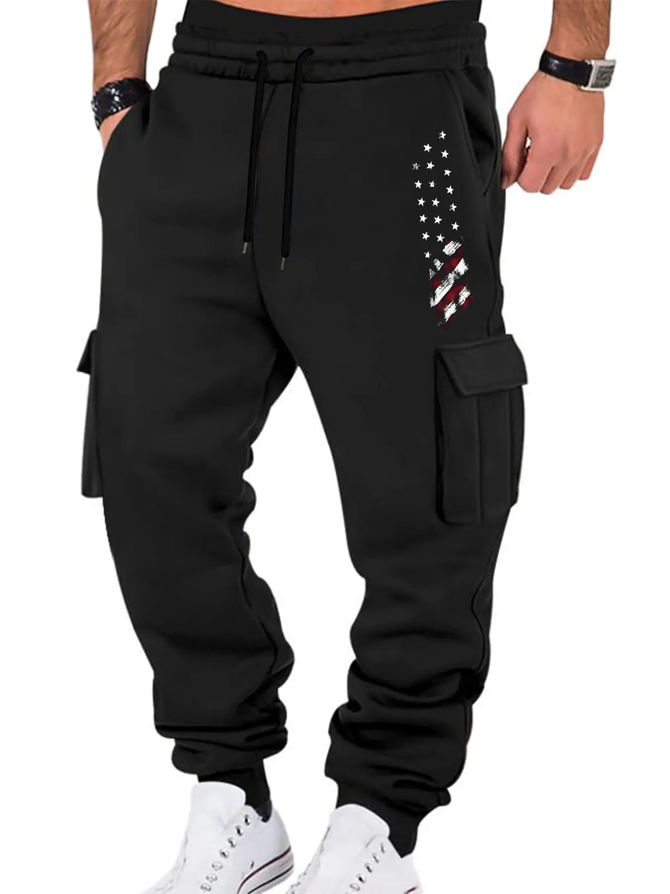 Men's Casual Cargo Pants with Side Pockets, British Flag Print, Thick Warm Fabric, Fitted Style for Fall & Winter Daily Wear