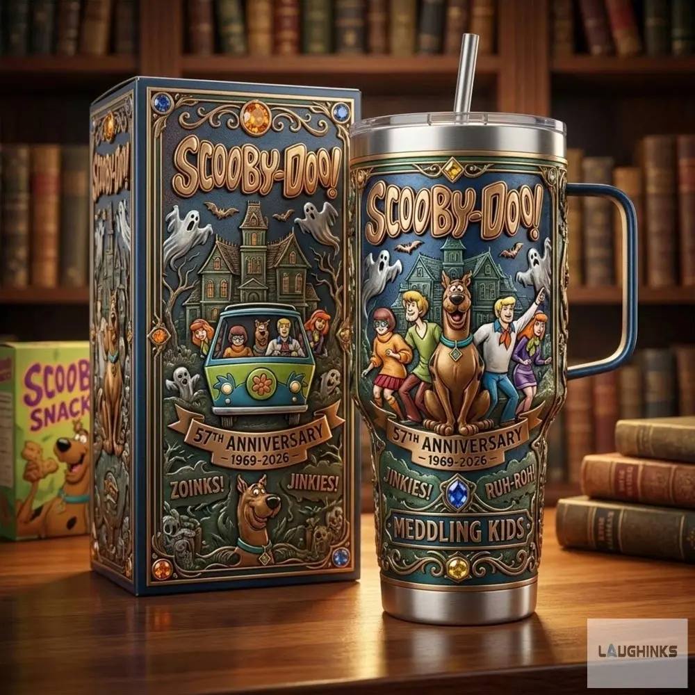 Scooby-Doo 57th Anniversary 1969–2026 Vintage Mystery Gang 40oz Stainless Steel Tumbler, Scooby and Shaggy Cartoon Insulated Cup with Handle and Straw, Retro Adventure Drinkware, Back to School Travel Mug, Fan Gift