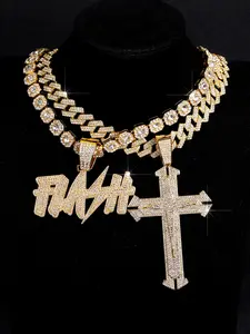 4pcs Hip-Hop Exquisite Iced Out Blingbling Necklace Set, Cross & Letter Pendants, Layered Stacked Cuban Chain Jewelry Collection
