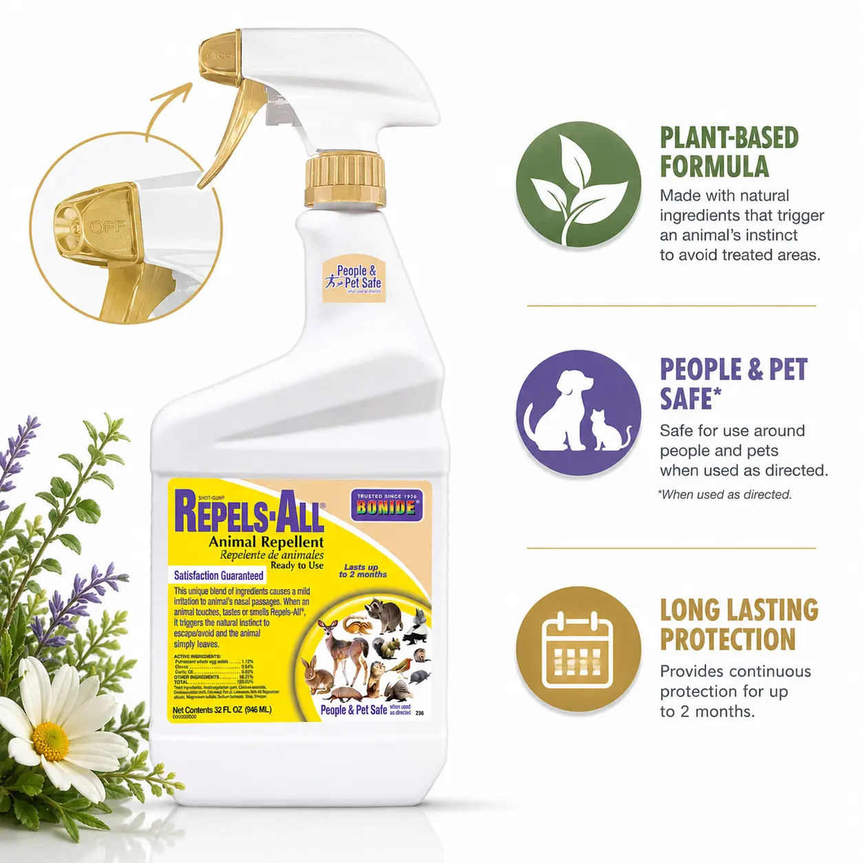 Bonide Repels-All 32oz Pre-Mixed Animal Repellent Spray Bottle, Outdoor Garden Deer & Rabbit Deterrent, Naturally Derived People & Pet-Safe Pest Control for Birds, Skunks, Chipmunks, Sheds, Garbage Cans