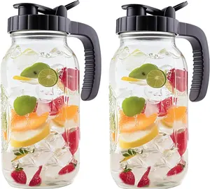 2 Quart Glass Mason Jar Pitcher With Lid 2 Set 64 Oz Wide Mouth Cold Hot Water Pitcher Half Gallon Sun  Coffee Jug Carafe For Fridge Lemonade, Beverage,Milk,Juice, Cold Brew Iced  Container