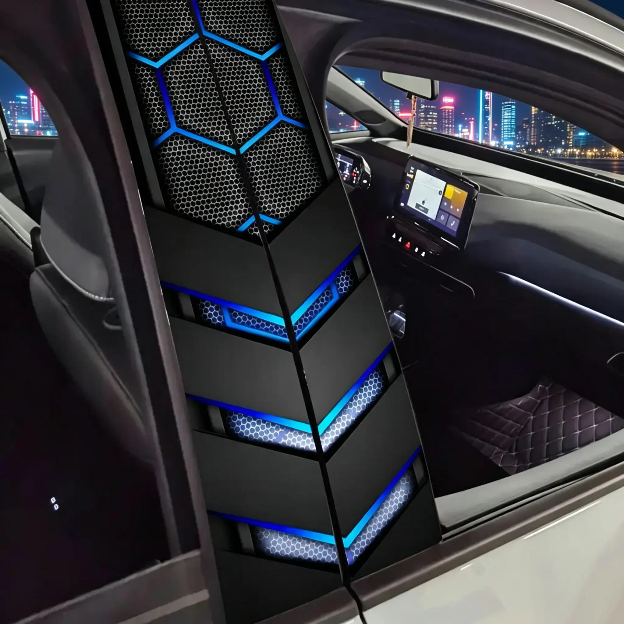 AHPAINTING 2-Pack Sports Style Car B-Pillar Stickers - Hexagonal Blue Vinyl Decals, Scratch-Resistant, Water-Resistant, Self-Adhesive, No Residue, Easy to Install, Suitable for Plastic/Metal/Glass Surfaces