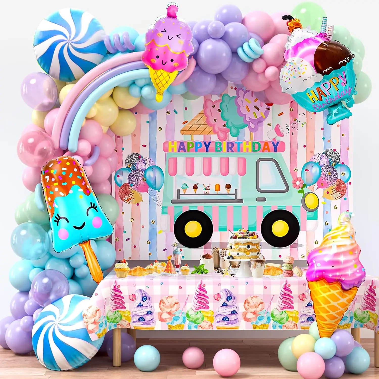 141Pcs Ice Cream Party Decorations Birthday Supplies For Girls Pastel Ice Cream Balloon Garland Arch Ice Cream Backdrop Tablecloth Candy Balloon Kids Sweet Ice Cream Birthday Party Decorations