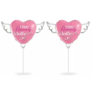 Happy Heavenly Mother's Day Memorial Balloon on a Stick – 8" Heart Shaped with Angel Wings Graveside Tribute – 2 Balloons, 2 Sticks & 2 Clips Included