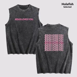 Holafish Women's Acid Wash Tank Top, Jesus Loves You Graphic, Oversized Sleeveless Distressed Cotton, Soft Retro Streetwear for Gym Training and Daily Summer Outfits summervibes