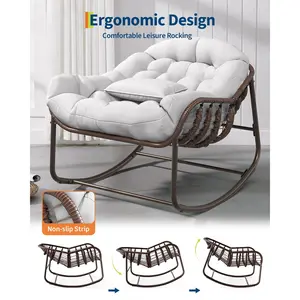 Oversized Patio Papasan Egg Rocking Chair – All-Weather Wicker Rattan – Thick Water-Resistant Cushion – 450 lbs Heavy Duty – Comfortable Outdoor Lounge for Porch, Balcony, Living Room – Grey and Brown