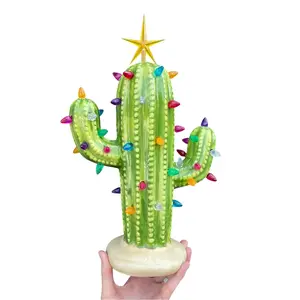 Brush Strokes Pottery Lighted Ceramic Cactus Tree  - decorative home decor vintage Christmas trees