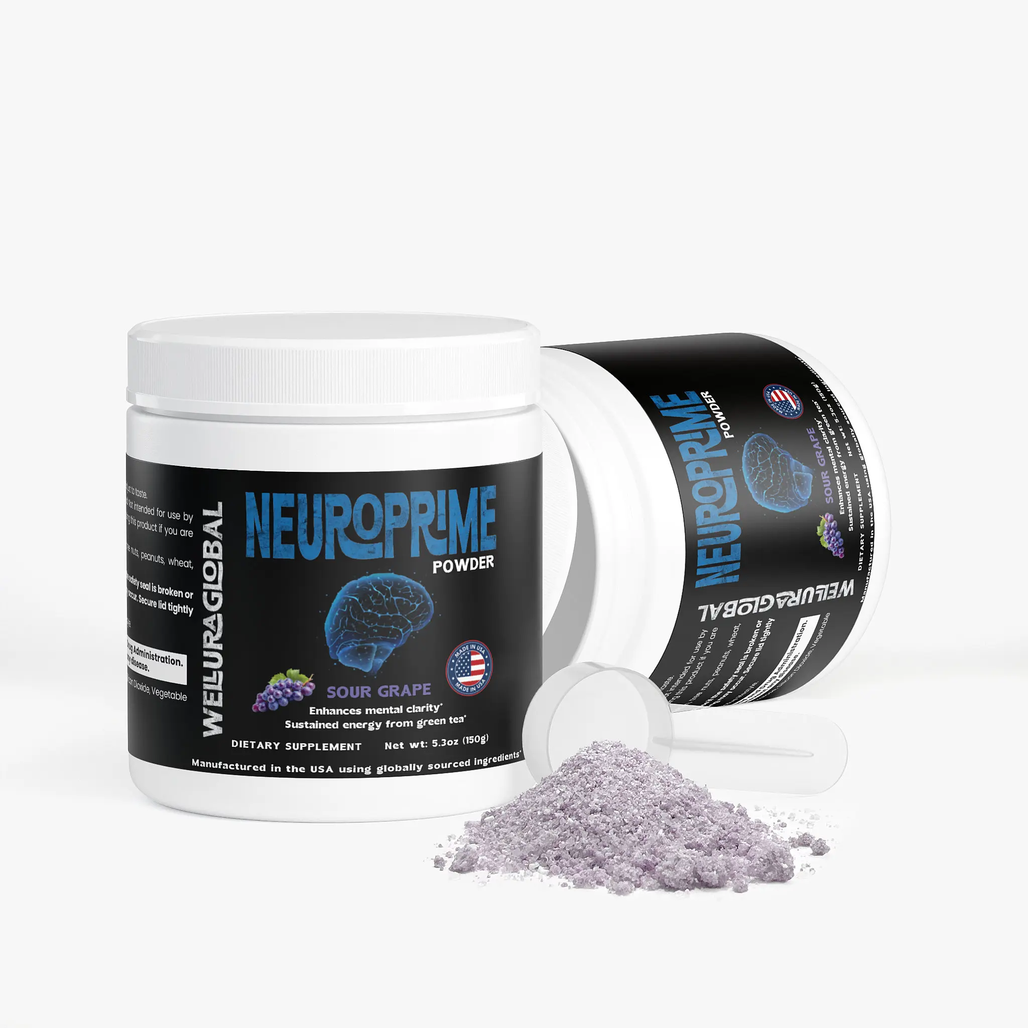 Wellura NeuroPrime Powder - Focus Powder Sour Grape - 5.82 oz - Cognitive Support Supplement with Alpha-GPC & L-Theanine - Enhances Mental Clarity & Energy - Made in USA Natural Healthcare