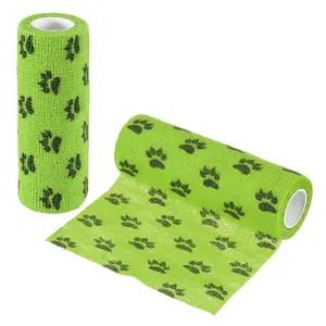 PETAXCELL Pet Wrap Bandages, 6 Inch 5 Yard Self Adhesive Bandage Wrap, Pet Non-Woven Tape First Aid Cohesive Gauze, (Grass Green/Paw, 2pcs) / Intended for Dog/Cat/Bird/Legs/Paws/Wound