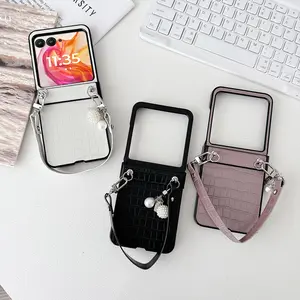 Crocodile-patterned PU leather phone case with hinge protection, equipped with a carrying strap, hard PC back panel for shock and vibration protection. Suitable for Motorola Razr Plus 2023/Razr 40 Ultra/Razr 2024/Razr 50/Razr 2025/60/Ultra 2025/Razr 60