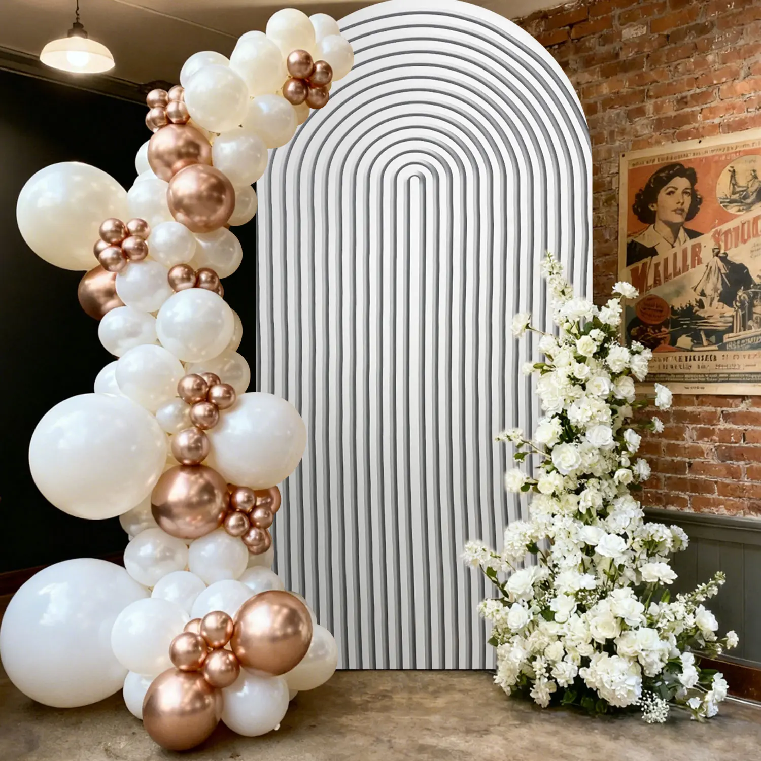 6.5ft Minimalist Lightweight Stripe Arch Cover - Grey & White, Polyester Stretchy Wrinkle Resistant Backdrop Wrap, Solid Spandex Party Backdrop Decoration for Wedding, Boho Party Supplies, Stretchy Backdrop Background