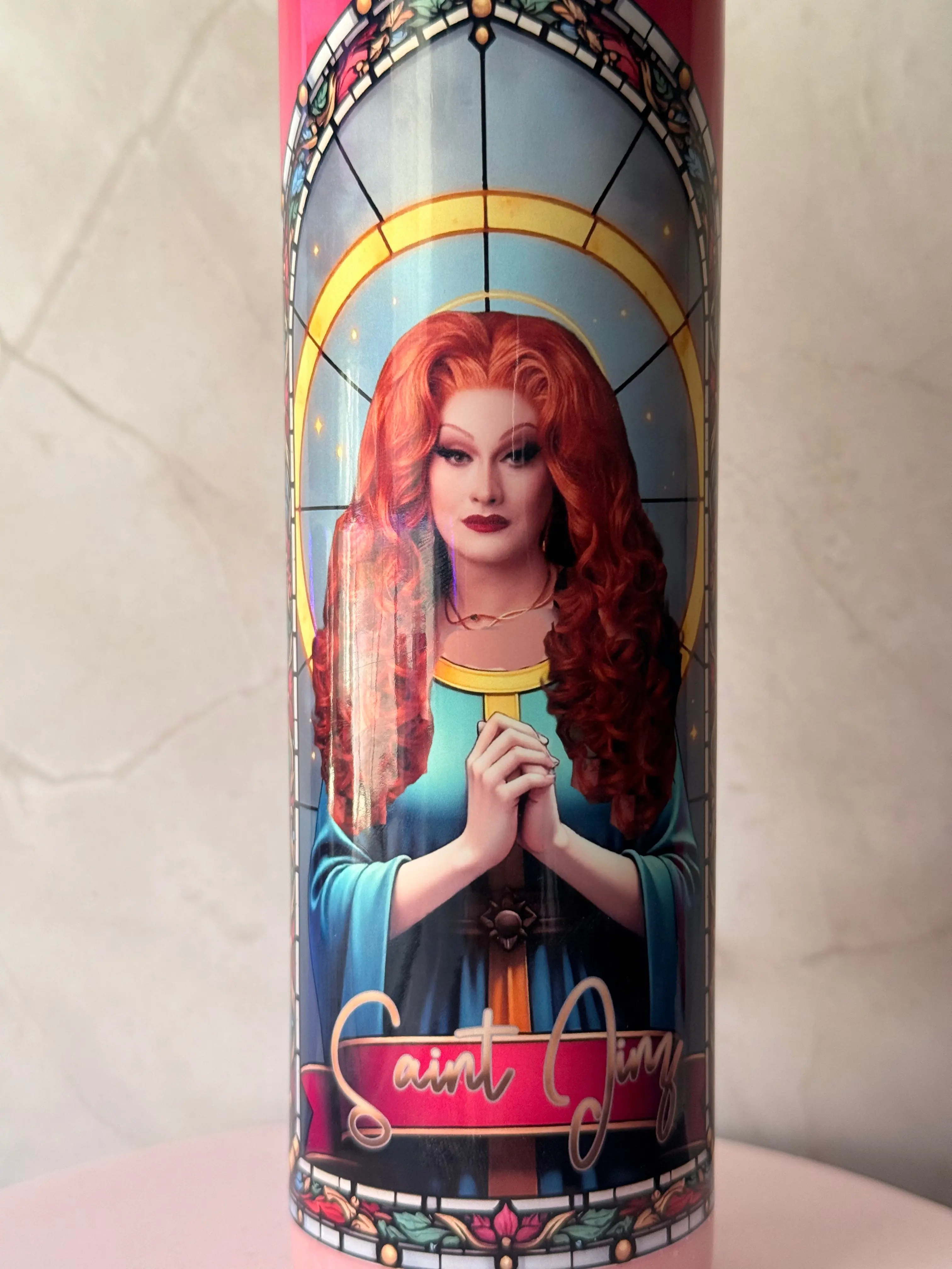 St. Jinx Prayer Candle - Trans-Drag Icon Jinx Monsoon, Glass Jar Candle with Saint Image, Bold Energy & Queer Pride Themed Home Decor with Warm Glow