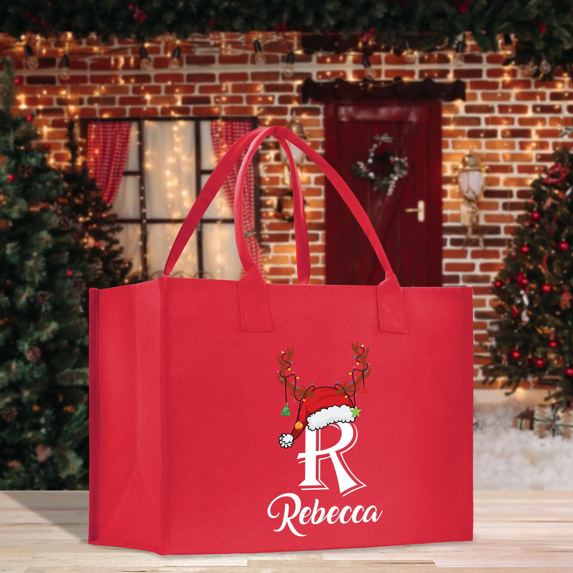 Personalized Christmas Initial and Name Cotton Canvas Tote Bag Custom Xmas Initial Holiday Gift Bag Custom Christmas Alphabet Tote (CI1028)