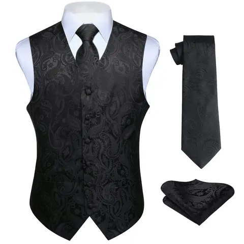 Men's 3-Piece High-Quality Formal Waistcoat Vest Set - Silk Paisley Jacquard Waistcoat, Button Tie, Pocket Square, Formal Attire, High-Quality Clothing, Fathersdaygift for Weddings or Tuxedo Suit Wear